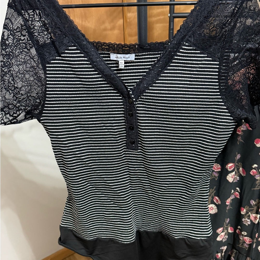 White Birch Black and White Striped Lace Bodysuit